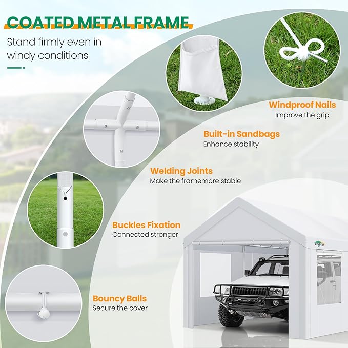 COBIZI Carports 10x20 Heavy Duty Car Canopy Garage with Removable Sidewalls & Doors, Galvanized Frame Portable Carport Canopy with Built-in Sandbags & All-Season Tarp for Car Boat Truck, White
