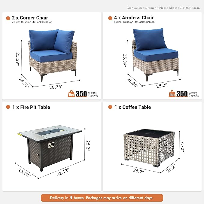 Outdoor Sectional Patio Furniture Set with Fire Pit Table and Glowing Table,8 Pieces Wicker Conversation Sets L Shaped Couch Out Door Sofa Set Outside Furniture for Garden Deck Yard,Navy Blue