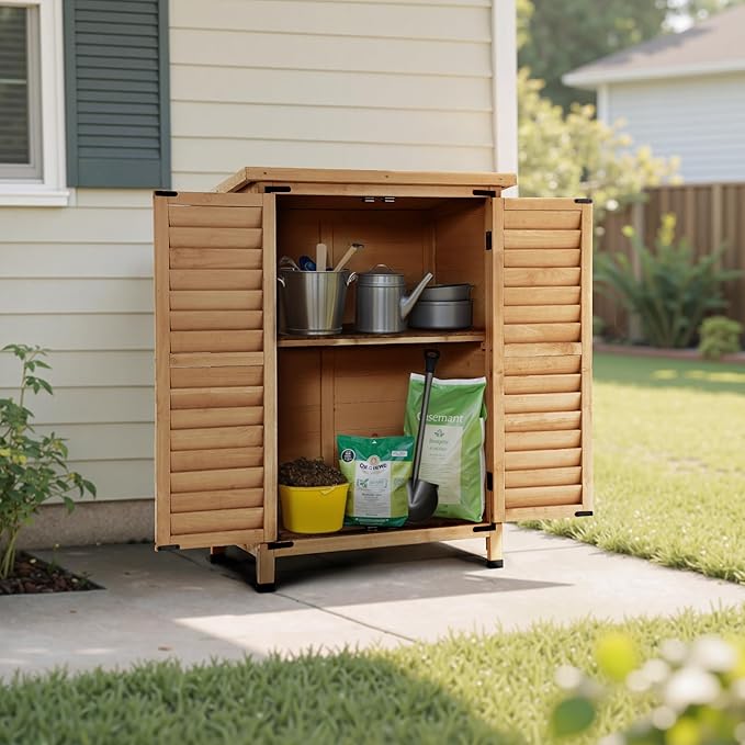 MCombo Outdoor Storage Cabinet, Small Storage Shed with Removable Shelf, Wood Garden Shed with 2 Doors for Yard Patio Lawn (24.6 x 18.3 x 38.2 inch) 0985 (Yellow)