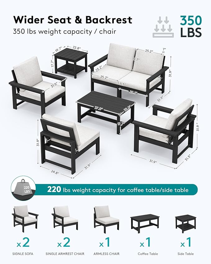 SERWALL HDPE Patio Furniture Set with 15FT Double Side Patio Umbrella, 7-Piece Outdoor Modular Sectional Sofa Set, All Weather Patio Couch Set for Deck, Black & Beige（Umbreall Base not Included）