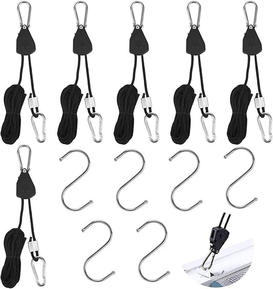 Grow Light Rope Hanger 3Pairs，1/8" 8-Feet Long Heavy Duty Adjustable Rope Clip Hanger, Adjustable Rope Ratchet Hangers 150 Lbs per Pair with Stainless Steel 2.5" S Hook