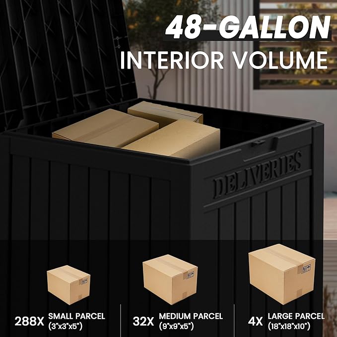55 Gallon Black Resin Deck Box - Lockable, Waterproof Outdoor Storage for Packages & Patio Essentials - Rustproof Utility Box with Handles for Porches, Pools & Backyards