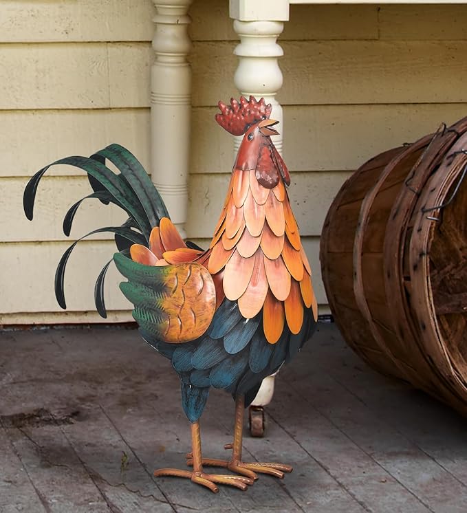 Regal Art & Gift Handcrafted Metal Rooster Statue, Weather-Resistant Farmhouse Yard Art, Indoor/Outdoor Garden Sculpture, Detailed Feather Design, Decorative Bird for Home & Garden, Golden, 16” Height
