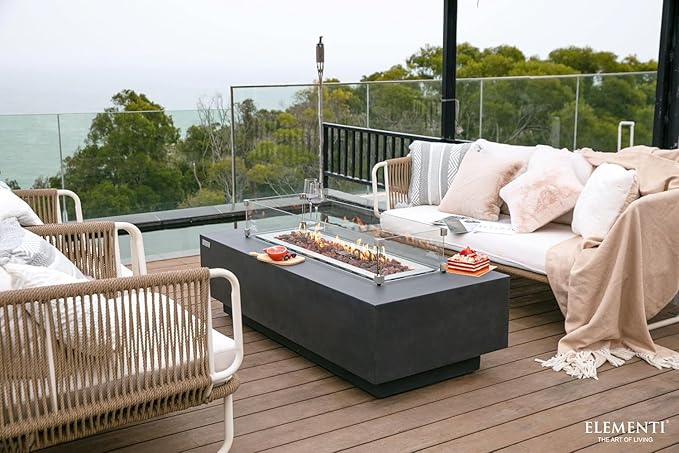 Elementi Granville Gas Fire Pit Cast Concrete Fire Table, Outdoor Fire Pit Electronic Ignition | Canvas Cover, Lava Rock Included | Free AMS Wind Guard | Dark Gray (Natural Gas)