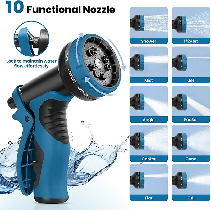 Garden Hose 50FT, Water Hose with 10 Function Nozzle, Garden Hose Metal with Leak-proof Connectors, Kink-Free & Ultra Flexible, Rust/Pet/Puncture Proof for Lawn, Yard, RV, Car Wash, 550PSI