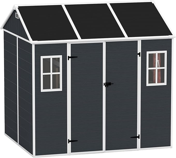 Outdoor Storage Shed 8x7 FT, Resin Shed with Floor & Window, Lockable Door, Vents, Outside Sheds & Garden Shed for Patio Furniture, Gardening Tools, Pool Equipment (Dark Gray, 8 * 7ft)