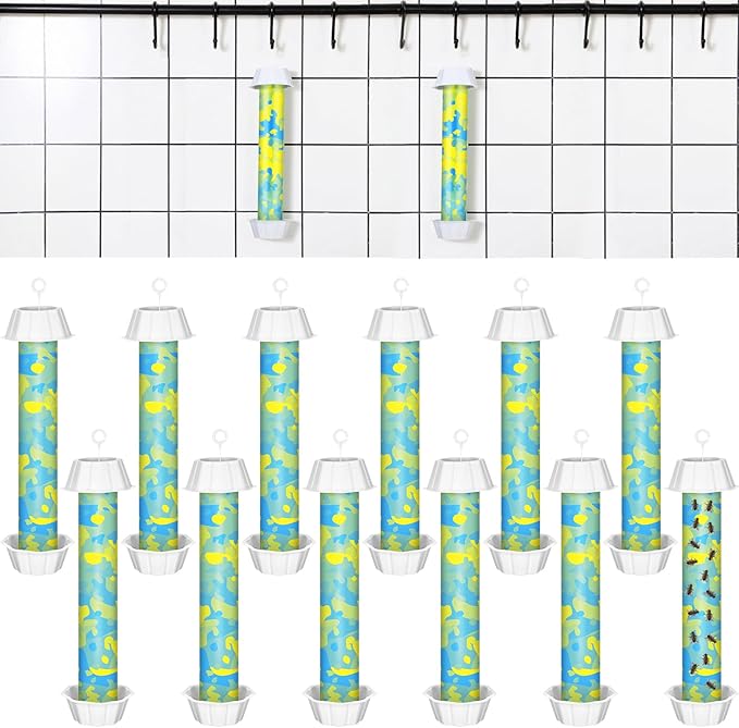 Qualirey 12 Pcs Sticky Fly Trap Fly Stick with Hanging Hook Adhesive Flying Catcher for Indoor Outdoor Trap Houseflies and Flying Insects Mosquito Bee Wasp Moth (Camouflage Style)