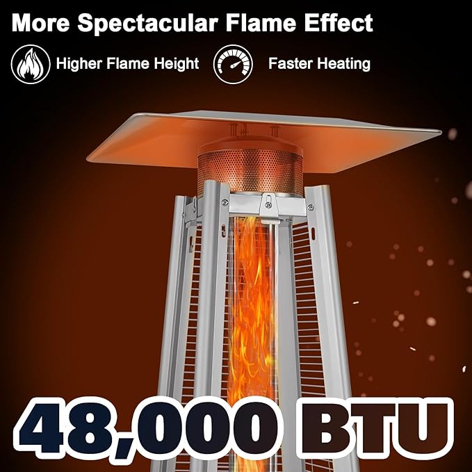 Hykolity 48000 BTU Pyramid Patio Heater, Outdoor Propane Heaters with Wheels and Cover, Glass Tube Propane Patio Heater for Backyard, Garden, Porch and Pool, Silver Grey