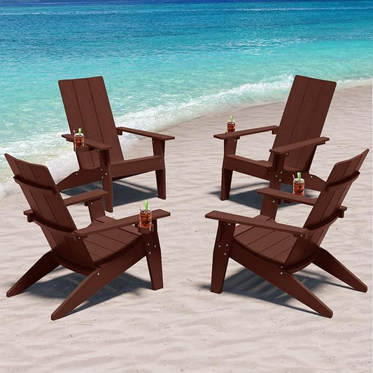 MXIMU Adirondack Chair Set of 4: Modern Adirondack Chairs Fire Pit Chairs Plastic Outdoor Chairs for Lawn Backyard Deck Garden Camping (Coffee)