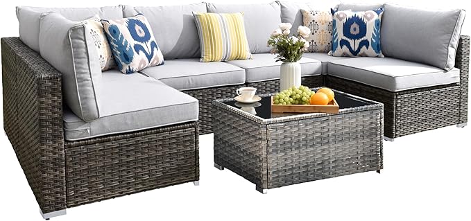 HOOOWOOO 7 Piece Patio Sectional Furniture Set,Modern Wicker Outdoor Conversation Sofa Sets,Weather Resistant Modular L Shaped Outside Couch Table Set(Black)