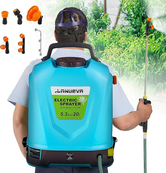 LANUEVA 5.28 Gallon Battery Powered Sprayer with Mixing System, Backpack Electric Sprayer with 6 Mist Nozzles, Telescopic Wand, Shoulder Strap, 78-101 PSI Adjustable Pressure for Lawn & Garden (20L)