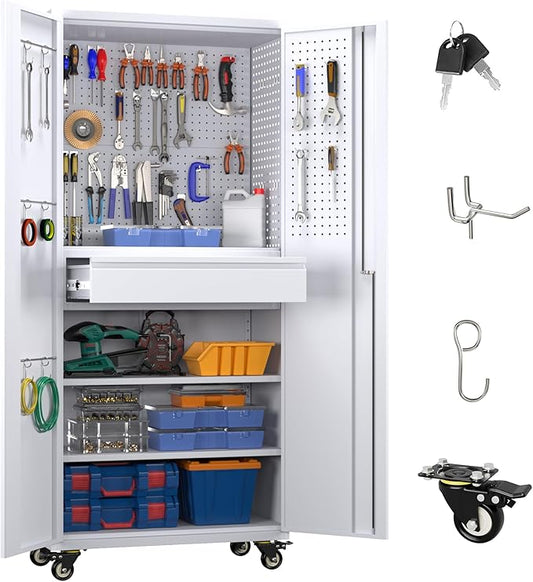 71" H Metal Garage Storage Cabinet with Wheels and Doors,Rolling Tool Cabinet with Pegboard,Rod and Drawer for Garage Warehouse Home,Required Assembly,White