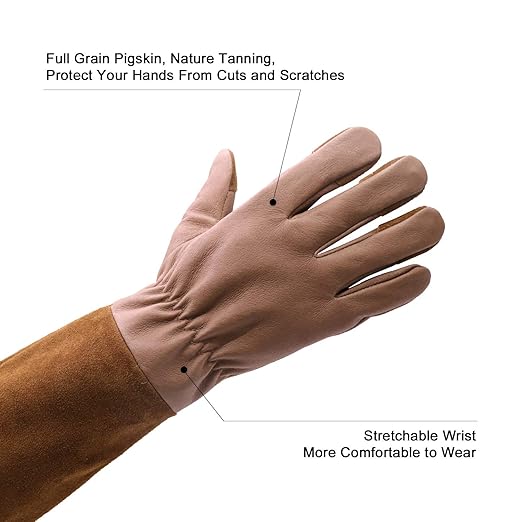 HLDD HANDLANDY Long Gardening Gloves, Pigskin Leather Thorn Proof Rose Pruning Glove for Men & Women, Breathable Work Gloves for Yard Work, Cactus, Bush, Blackberry, Great Gift for Gardener