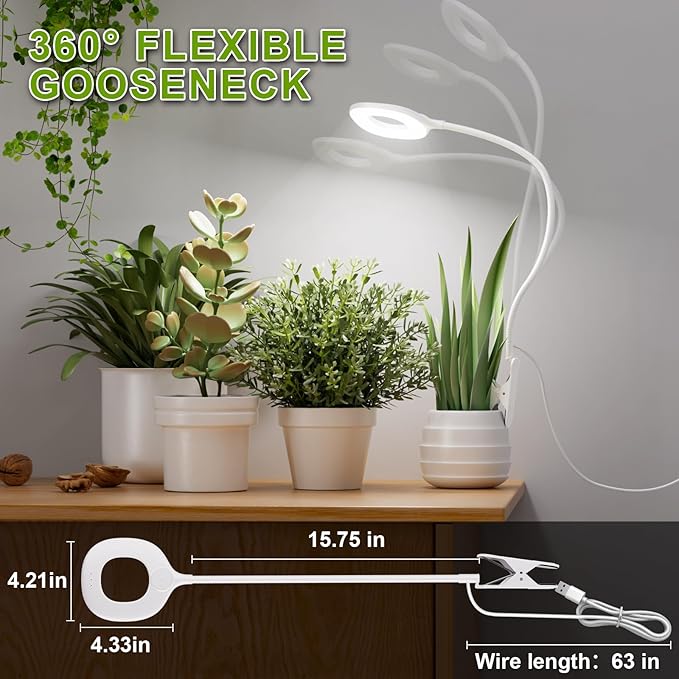 Grow Lights for Indoor Plants Full Spectrum, Clip On LED Plant Light, Plant Growing Lamp with 4/8/12H Timer, 3 Light Modes, 10 Dimmable Levels, Adjustable Gooseneck, Remote Control, 2-Pack
