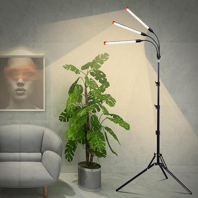 3-Head Grow Light with Stand and Timer, 27 Watt Power Home Plug LED Grow Lights for Indoor Plants for Tall Houseplants, Bonsai Tree, Seed Starting, 24"-64" Adjustable Height