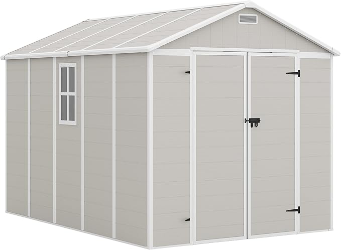 Outdoor Storage Shed, 8x10 FT Resin Shed with Floor and Lockable Door, Window & Vents, Tool Sheds and Outdoor Storage for Bike, Tools, Garden Accessories, Waterproof Sandstone