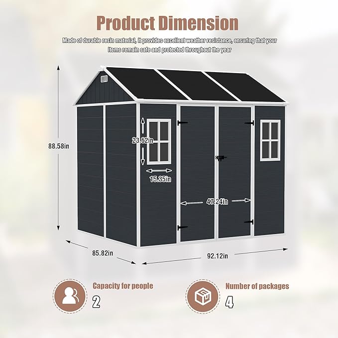 Outdoor Storage Shed 8x7 FT, Resin Shed with Floor & Window, Lockable Door, Vents, Outside Sheds & Garden Shed for Patio Furniture, Gardening Tools, Pool Equipment (Dark Gray, 8 * 7ft)