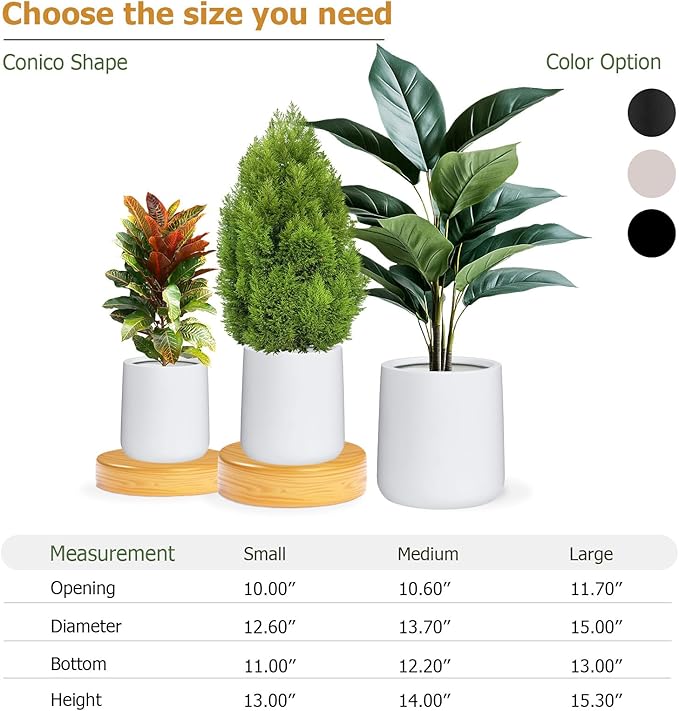 13" H x 12.6" D Conico Fiberstone Round Planter with Drainage Hole, Smooth Finishes, Weather Resistant for Indoor and Outdoor Use, Included 2 Extra Coco Mats (White, 10" Pot Opening)