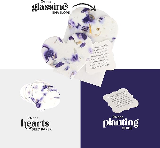 Set of 24 Purple Heart – Plantable Seed Paper Embedded with Wildflower Seeds for Bridal Shower, Wedding Gift, Birthday, & Other Milestone Celebrations