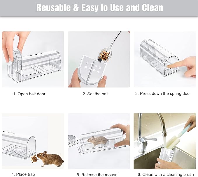 4 Pcs Humane Mouse Traps No Kill, Live Mouse Traps Indoor for Home, Reusable Mice Small Rat Trap Catcher for House & Outdoors(Clear)