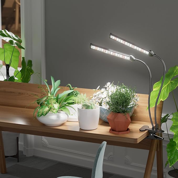 GooingTop Grow Light LED Gooseneck Lamp,Dual-Head White Full Spectrum 148 LED Plant Lamp with Red Blue Light Clip-on Desk for Indoor Plants Growing,Diming & Auto Timer