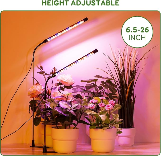 Grow Lights for Indoor Plants, Full Spectrum LED Plant Lights with Base, Adjustable Height 6.5"-26", 10 Dimmable Levels, Auto Timer 3/9/12H, Desk Grow Lamps for Indoor Growing (2 Pack)