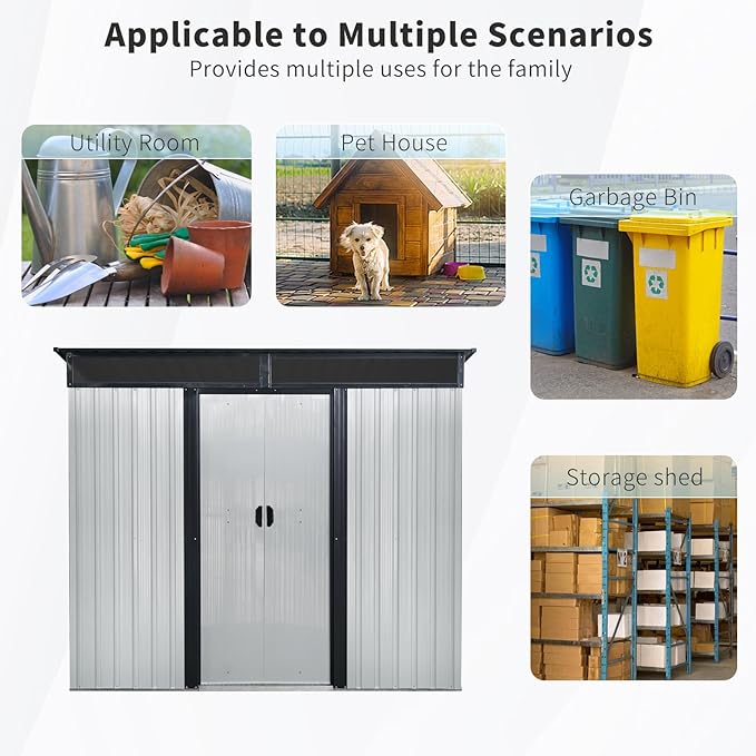 8x6 FT Outdoor Metal Storage Shed with Lockable Sliding Doors and Transparent Plate - Patio Shed for Backyard, Garden, Lawn (White and Black)