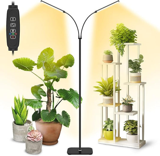 Plant Grow Light Dual Head, 40W Indoor Growing Lights,144LEDs Full Spectrum Wide Illumination Area, 63IN Adjustable Height Stand, 10 Dimmable, 3/9/12H Auto Timer, Floor Lamp for Plants Growth