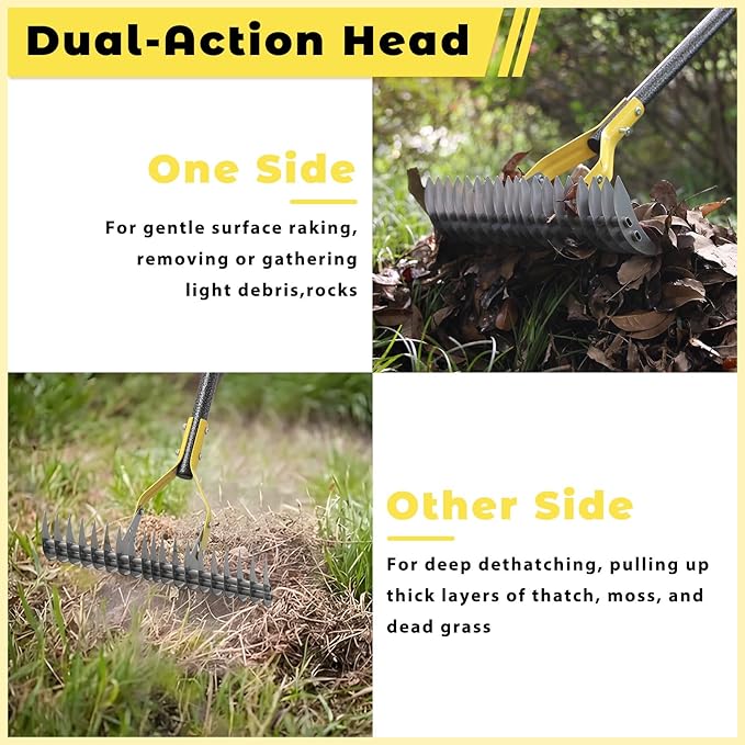 Thatch Rake,69 Inch Garden Thatching Rake for Grass Removal, 15 Inch Wide Heavy Duty 19 Teeth Steel Metal Garden Leaf Rakes,Landscaping Raking Garden Tools for Lawn Care Loosening Leveling Soil Mulch