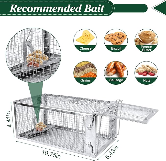 Humane Rat Trap, 10.75"x5.43"x4.41" Metal Mouse Cage Traps and Other Small Live Animals Cage, Easy to Catch and Release, Work for Indoor Outdoor