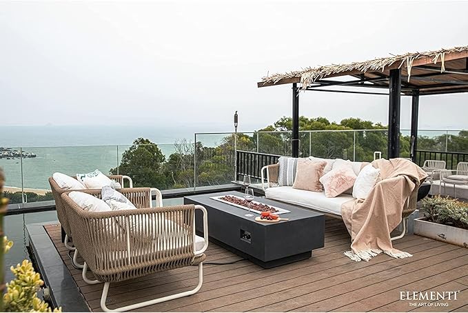 Elementi Granville Gas Fire Pit Cast Concrete Fire Table, Outdoor Fire Pit Electronic Ignition | Canvas Cover, Lava Rock Included | Free AMS Wind Guard | Dark Gray (Natural Gas)