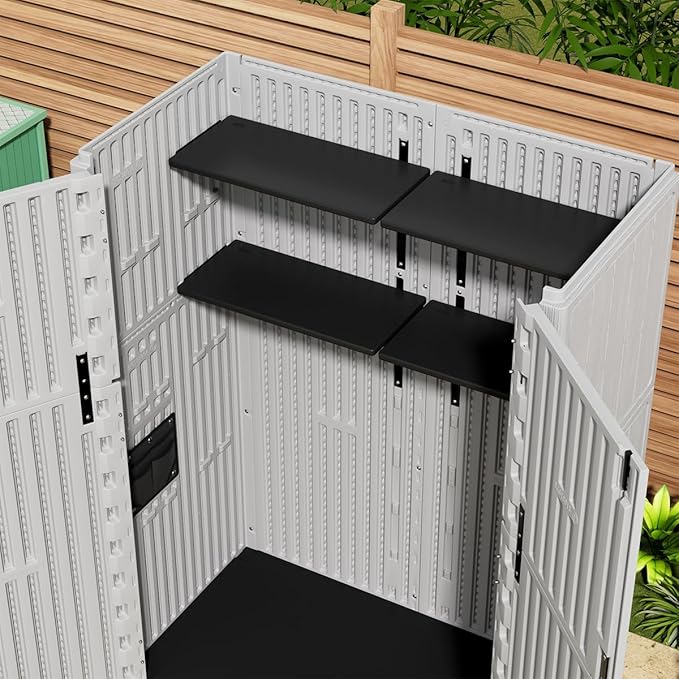 KINYING Plastic Shelving for 37 Cu.ft Horizontal Shed and 57 Cu.ft Vertical Shed, One Shelf with 2 Hooks On The Package, 25.5 in * 13 in, Easy Assembly