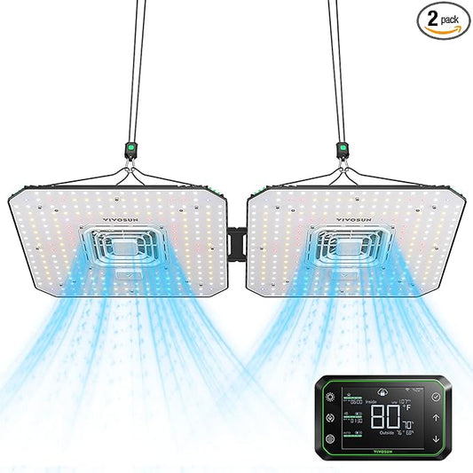 VIVOSUN 2-Pack AeroLight A100, Tunable Spectrum, LED Grow Light 100W with Integrated Circulation Fan & Growhub Controller E42A, Compatible with App & E25, 2x4/3x3Ft Coverage