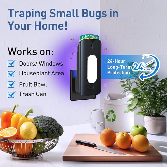 Fruit Fly Trap for Indoors with 10 Refills, 2 in 1 Fly Trap Indoor with Night Light for Home, Gnat Traps for House Indoor, Plug-in Insect Trap for Gnats, Flies, Moths, and Other Bugs-Black
