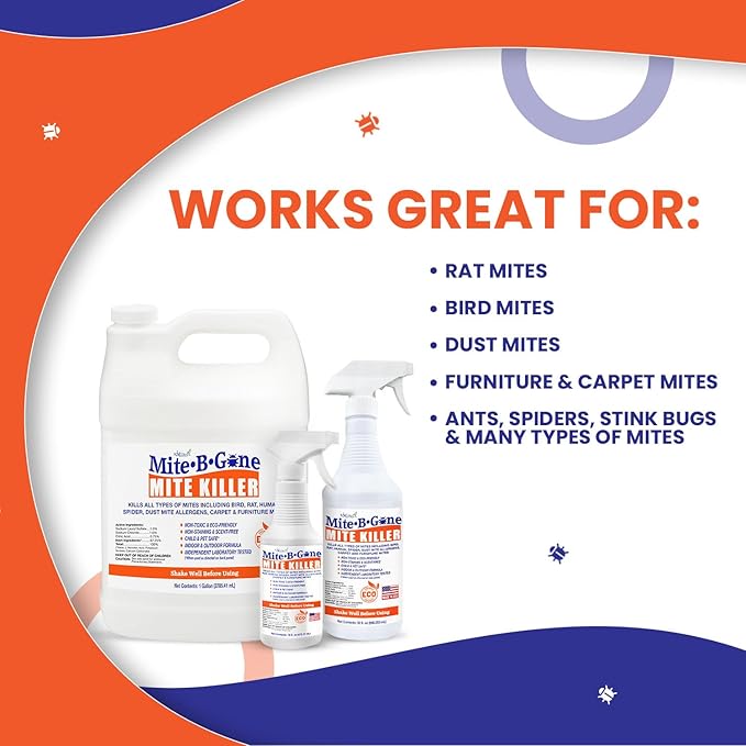 Mite Killer Spray by Mite-B-Gone — Kills Human Mites, Dust, Spider, Rat, Carpet & Bird Mites in Homes, Furniture, Bedding, Auto & On Animals | Non-Toxic | Kid & Pet Safe | 32oz Spray