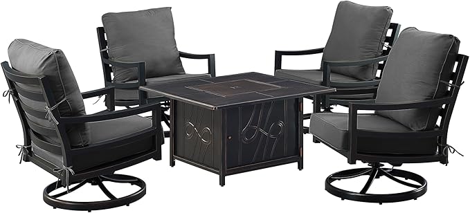 Oakland Living Black Aluminum Patio Fire Table Set with Four Club Chairs with Black Cushions