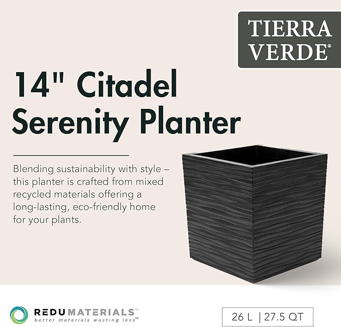 Tierra Verde Indoor & Outdoor Self-Watering Square Planter, Citadel Serenity, 14”, Black - Planting Containers for Plants and Flowers - Gardening and Landscaping Accessories