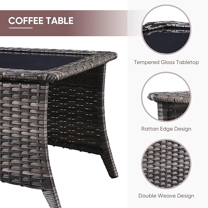 Patio Furniture 4 Piece Set, All-Weather PE Wicker Outdoor Set with Coffee Table, Swivel Rocker Chairs and Sofa, Grey/Green