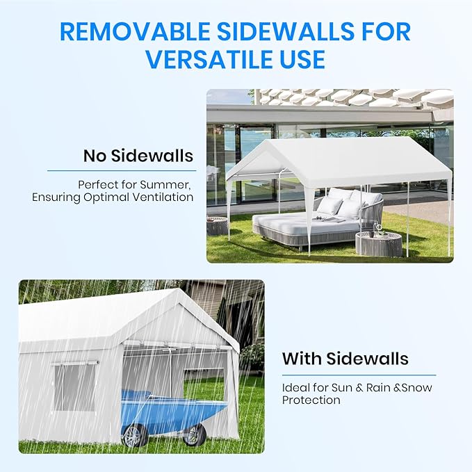 Carport 12x20 FT Heavy Duty, Outdoor Portable Garage with Removable Sidewalls & Doors, Waterproof, UV-Resistant Canopy Shelter for Vehicles, Boats, RVs, Trucks, All-Season Car Port,White