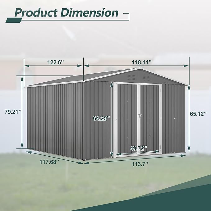 10X8 FT Outdoor Storage Shed, All Weather Metal Sheds with Lockable Doors, Tool Shed for Garden, Patio, Backyard, Lawn (Grey, 10x10ft)