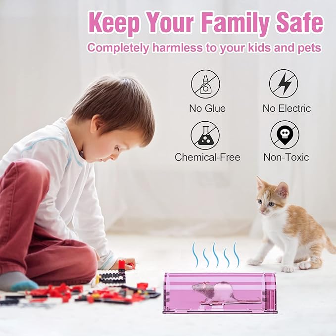 4 Pcs Humane Mouse Traps No Kill, Live Mouse Traps Indoor for Home, Reusable Mice Small Rat Trap Catcher for House & Outdoors(Pink)