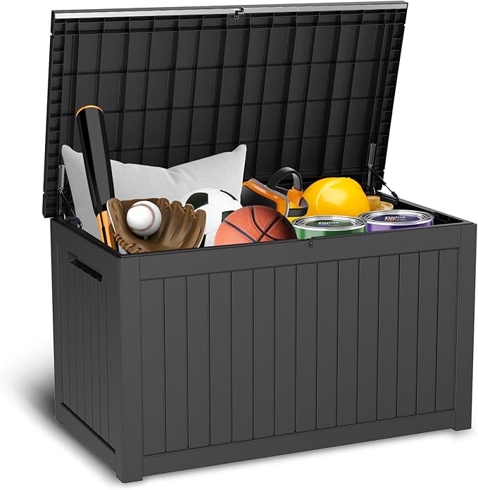 230 Gallon Outdoor Storage Deck Box Waterproof, Large Patio Storage Bin for Outside Cushions, Throw Pillows, Garden Tools, Lockable (Black Resin Lid)