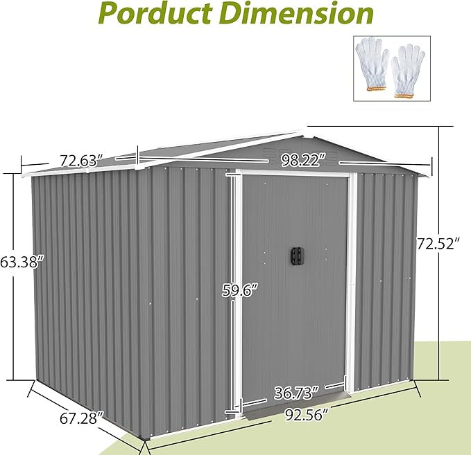 10X8 FT Outdoor Storage Shed, All Weather Metal Sheds with Lockable Doors, Tool Shed for Garden, Patio, Backyard, Lawn (Grey with Floor Frame, 8x6 ft)