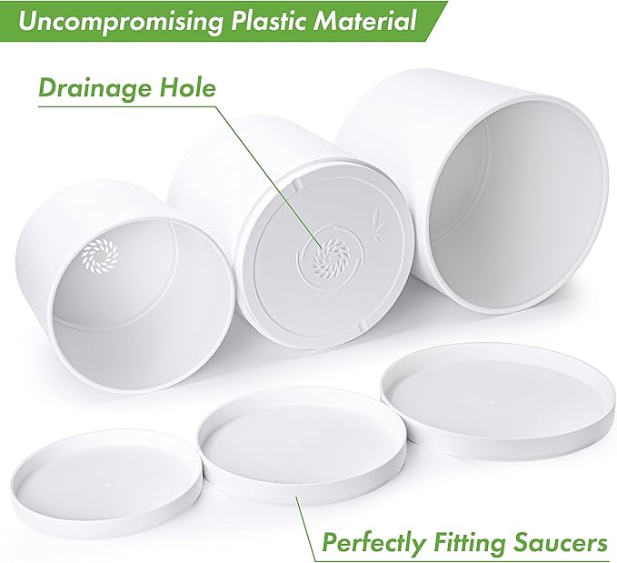 D'vine Dev 8 Inch 10 Inch 12 Inch, Set of 3 Plastic Planter Pots for Plants with Drainage Hole and Seamless Saucers, White Color, X-Large, 74-V-A-5
