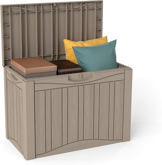 50 Gallon Plus Waterproof Outdoor Storage Bin Resin Deck Box for Patio, Poolside, and Garden, Lockable & UV-Resistant, Ideal for Small Spaces, Grey