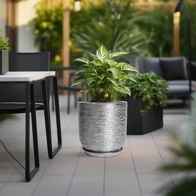 12 Inch Plant Pot - Ceramic Planter for Indoor Outdoor Plants, Modern Round Decorative Flower Pot with Drainage Hole and Saucer, Housewarming Gifts, Home Patio Decor, Silver