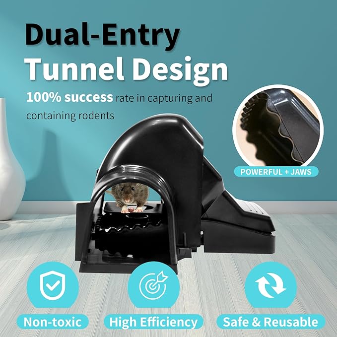 Large Rat Trap, Humane Dual-Entry Tunnel Traps for Rat, Mice & Chipmunks, Instant Kill Rodent Snap Trap with Sensitive Trigger and Powerful Jaws, for Both Indoor & Outdoor,Pack of 2