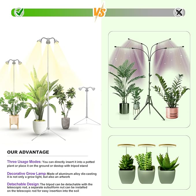 Grow Lights for Indoor Plants Full Spectrum with Detachable Tripod Stand, 10-55 Inches Height Adjustable Aluminum Alloy Indoor Plant Grow Lamp with Auto On/Off Timer Function