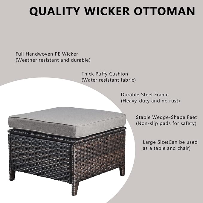 Wicker Outdoor Patio Furniture Set - 7 Piece Patio Conversation Sets with Swivel Rocker Chairs, Ottomans and Sofa, 6 inch Cushions, Waterproof Wicker, for Porch Deck Brown/Grey