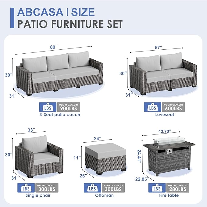 ABCASA Patio Furniture Set with Fire Pit Table, 44'' 60,000 BTU Flame Comfortable 10 Pieces Wicker Rattan Outdoor Furniture Set w/Soft Cushion, Patio Conversation Sets for Porch,Deck,Poolside,Grey